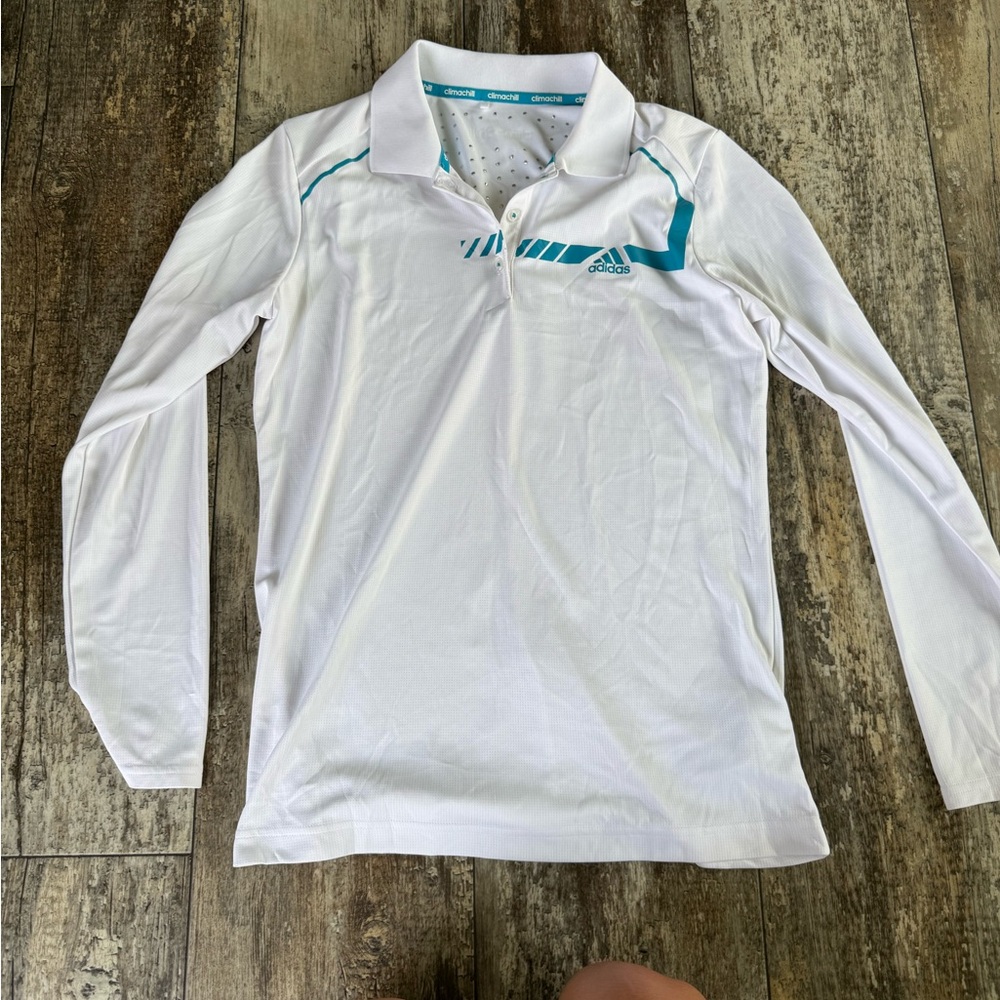 2 for $20: White adidas climacool long sleeve collared shirt turquoise